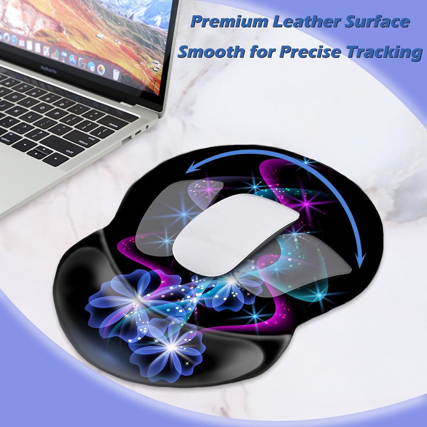 Wrist Mouse Pad, Non-Slip Ergonomic Mouse Pad with Gel Wrist Rest Support, Gaming Mouse Pad 8.7 X 7.5 Inches Pad for Computer, Laptop, Home, Office (Purple Blue Light)