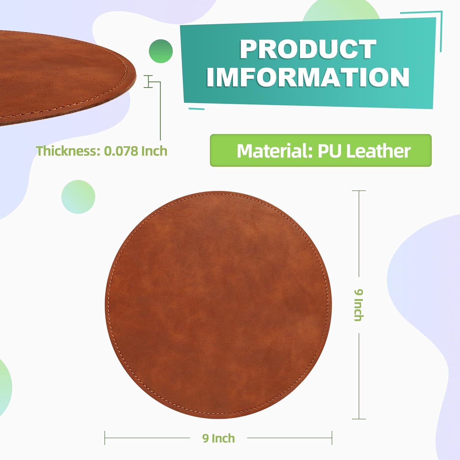 Mouse Pad,Round Mouse Pad,Pu Mouse Pad,Leather Mouse Pad with Stitched Edge Micro-Fiber Base with Non-Slip Waterproof,Mouse Pad for Computers,Laptop,Office & Home,9 X 9 Inch (Caramel Brown)