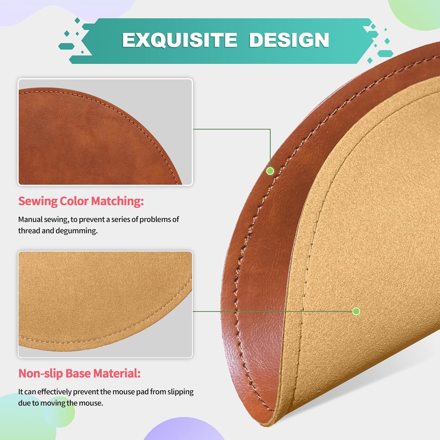 Mouse Pad,Round Mouse Pad,Pu Mouse Pad,Leather Mouse Pad with Stitched Edge Micro-Fiber Base with Non-Slip Waterproof,Mouse Pad for Computers,Laptop,Office & Home,9 X 9 Inch (Caramel Brown)