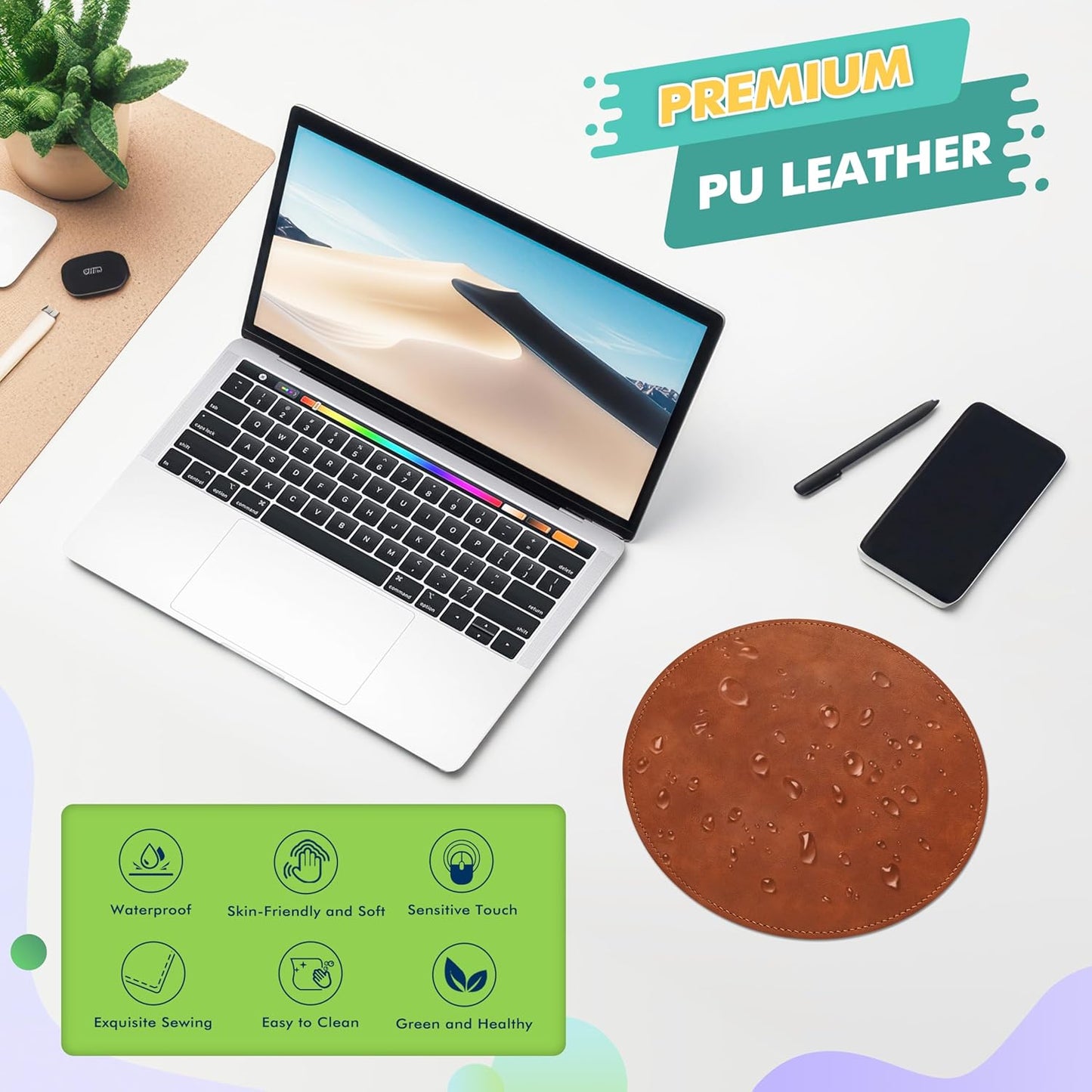 Mouse Pad,Round Mouse Pad,Pu Mouse Pad,Leather Mouse Pad with Stitched Edge Micro-Fiber Base with Non-Slip Waterproof,Mouse Pad for Computers,Laptop,Office & Home,9 X 9 Inch (Caramel Brown)