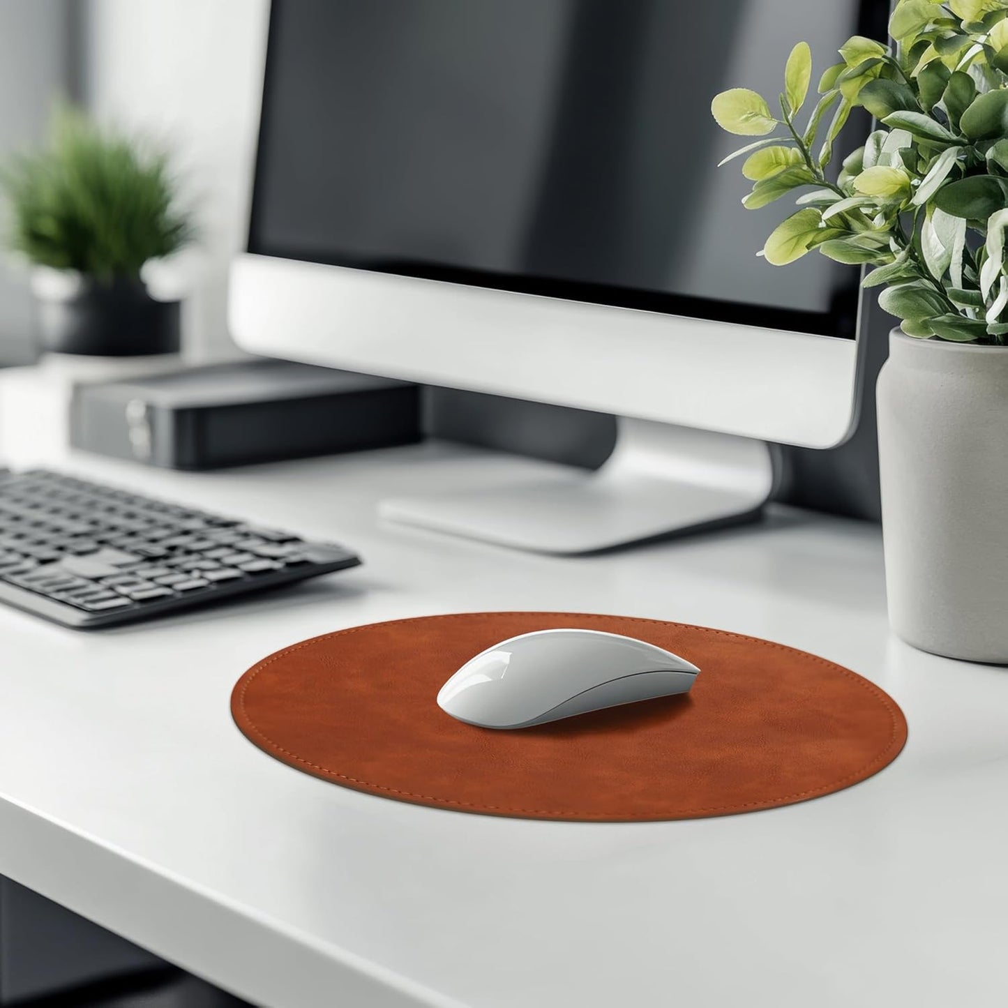 Mouse Pad,Round Mouse Pad,Pu Mouse Pad,Leather Mouse Pad with Stitched Edge Micro-Fiber Base with Non-Slip Waterproof,Mouse Pad for Computers,Laptop,Office & Home,9 X 9 Inch (Caramel Brown)