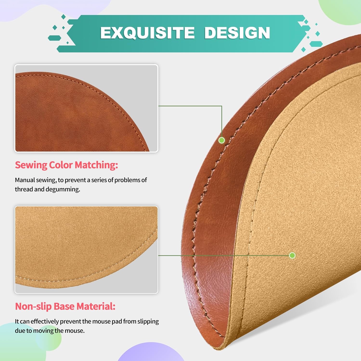 Mouse Pad，Round Mouse Pad，Pu Mouse Pad，Leather Mouse Pad with Stitched Edge Micro-Fiber Base with Non-Slip Waterproof，Mouse Pad for Computers，Laptop，Office & Home，9 X 9 Inch (Caramel Brown)