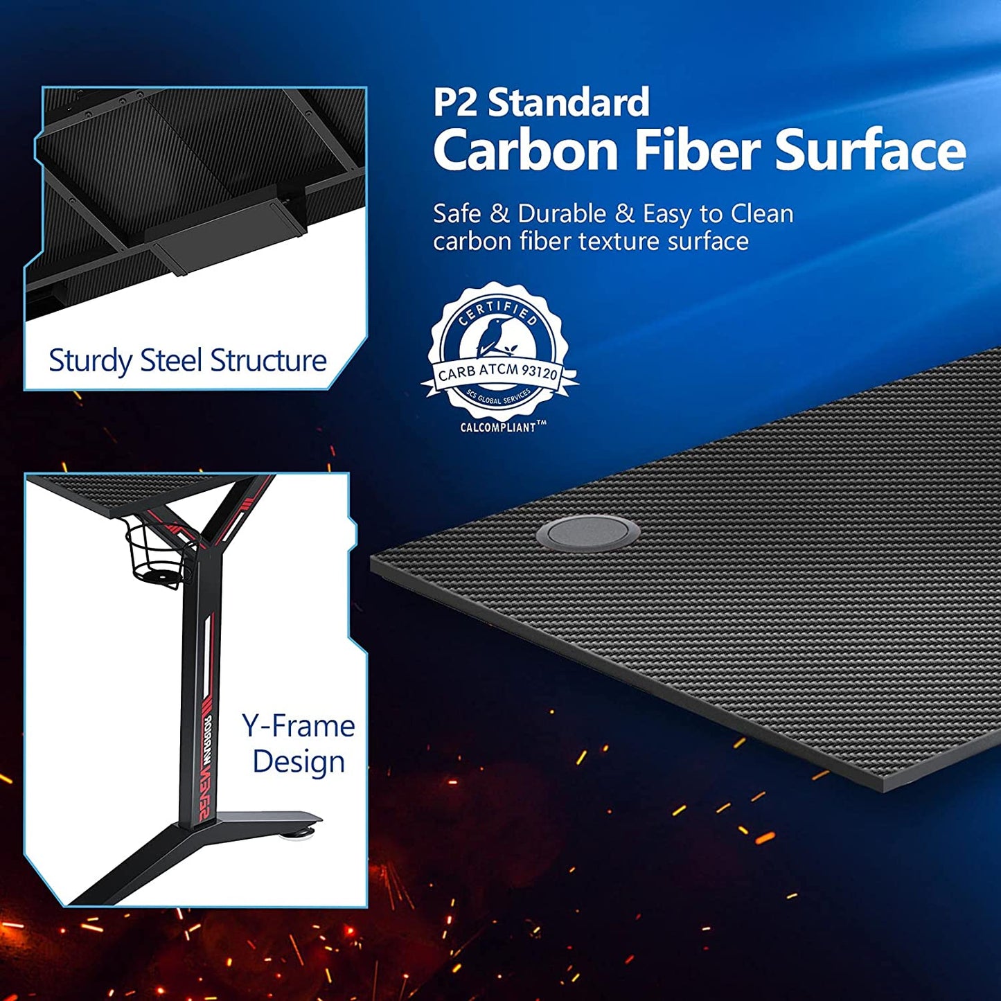 Ergonomic Gaming Table with Monitor Stand, Cup Holder, Headphone Hook, Outlet Organizer