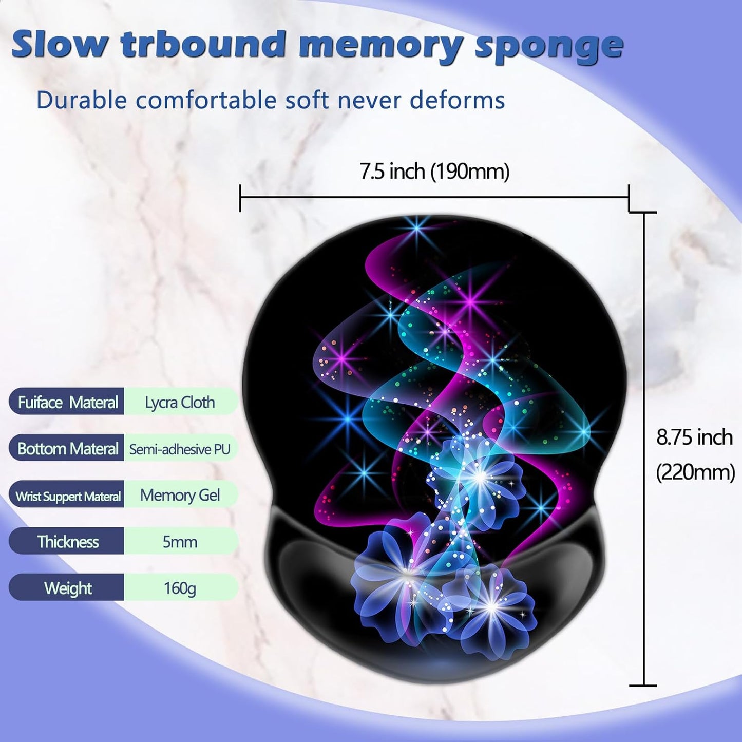 Wrist Mouse Pad, Non-Slip Ergonomic Mouse Pad with Gel Wrist Rest Support, Gaming Mouse Pad 8.7 X 7.5 Inches Pad for Computer, Laptop, Home, Office (Purple Blue Light)