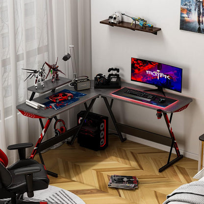L Shaped Gaming Desk with Carbon Fiber Surface
